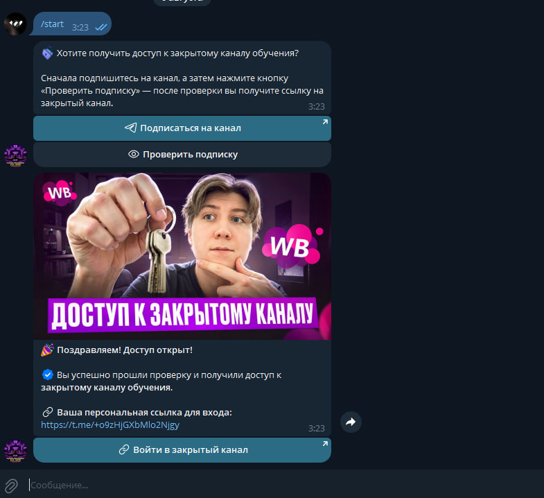 Полный сценарий: после проверки бот поздравляет и выдаёт персональную ссылку для входа в закрытый канал